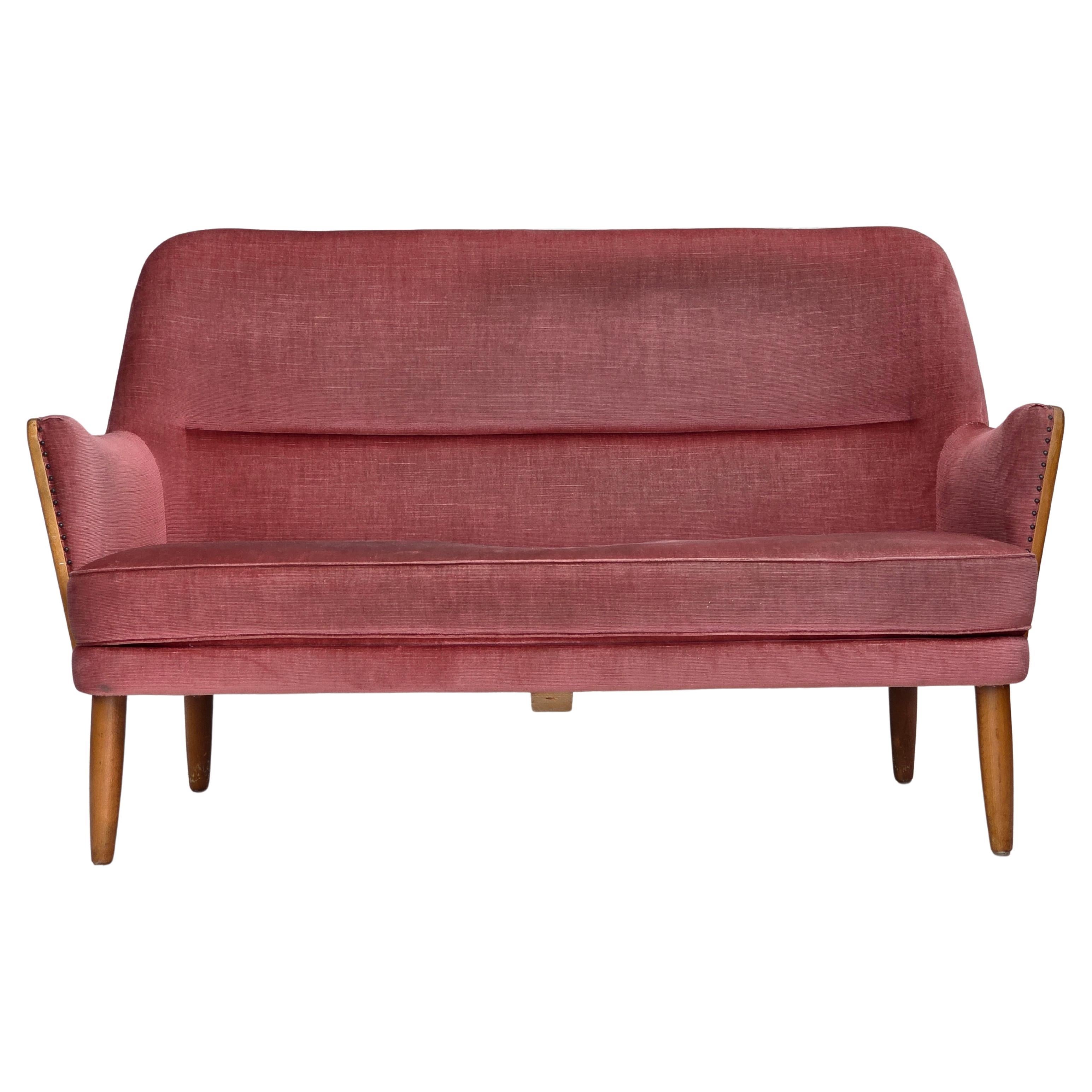 1970s, 2-seater Swedish sofa, pink furniture velour, beech wood.