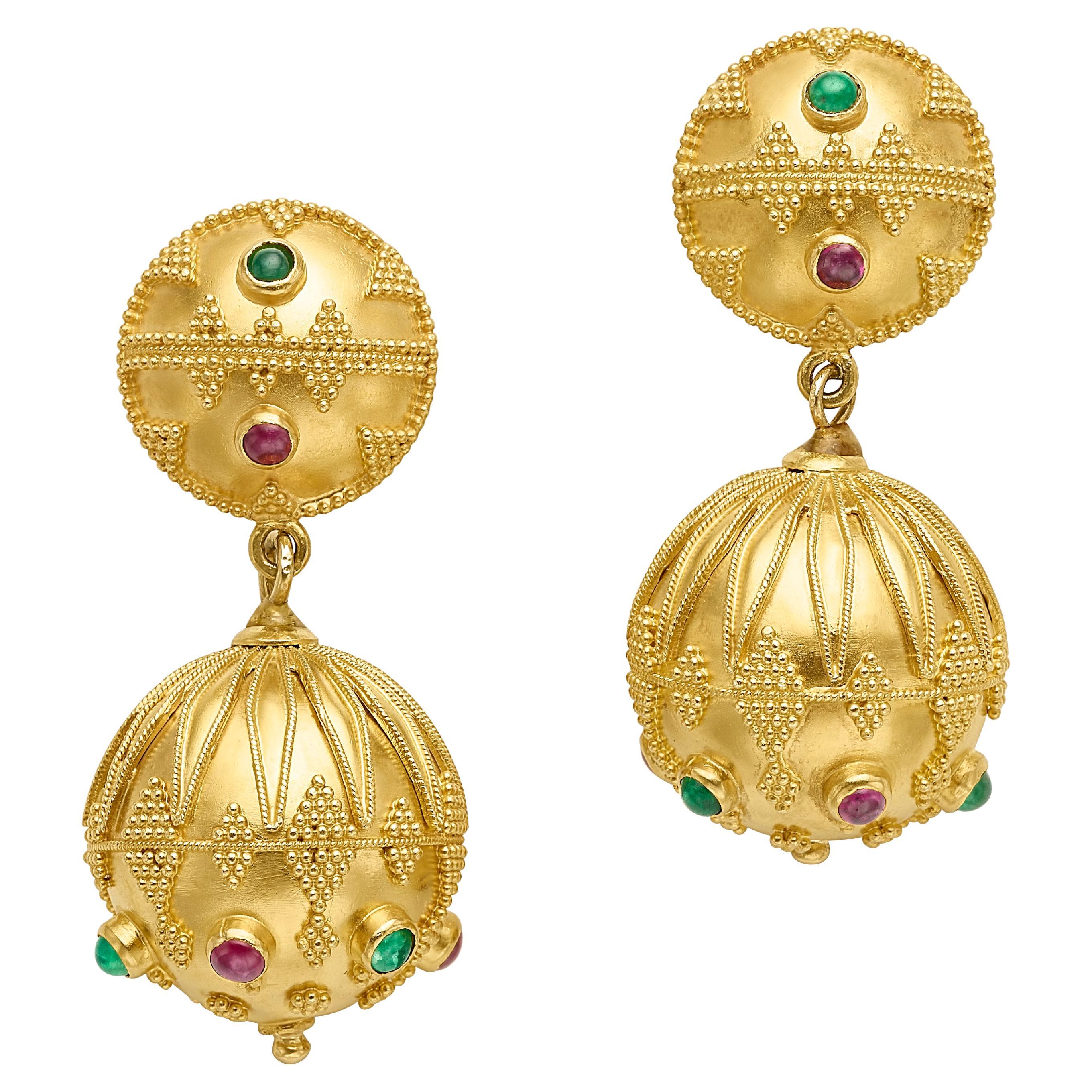 1970s 22k Yellow Gold Greek Style Emerald & Ruby Drop Earrings For Sale