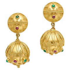 Vintage 1970s 22k Yellow Gold Greek Style Emerald & Ruby Drop Earrings