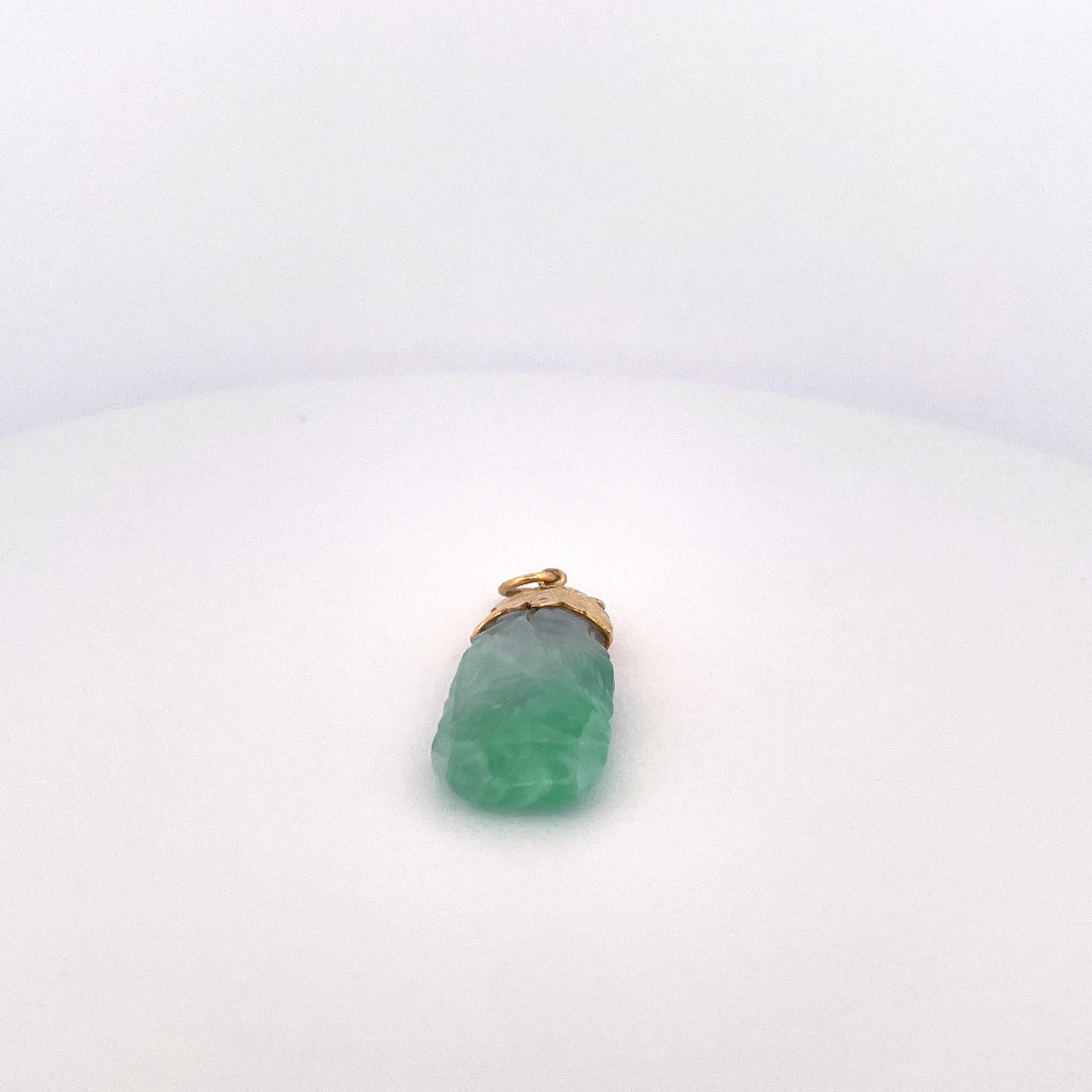Modernist 1970s 24k Yellow Gold Carved Jadeite Pendant For Sale