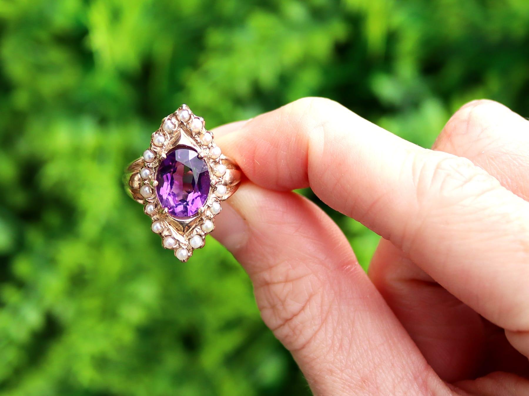A fine and impressive vintage 2.51 carat natural amethyst and seed pearl dress ring in 9 karat yellow gold; part of our diverse range of vintage jewelry and estate jewelry.

This impressive vintage pearl and amethyst ring has been crafted in 9k