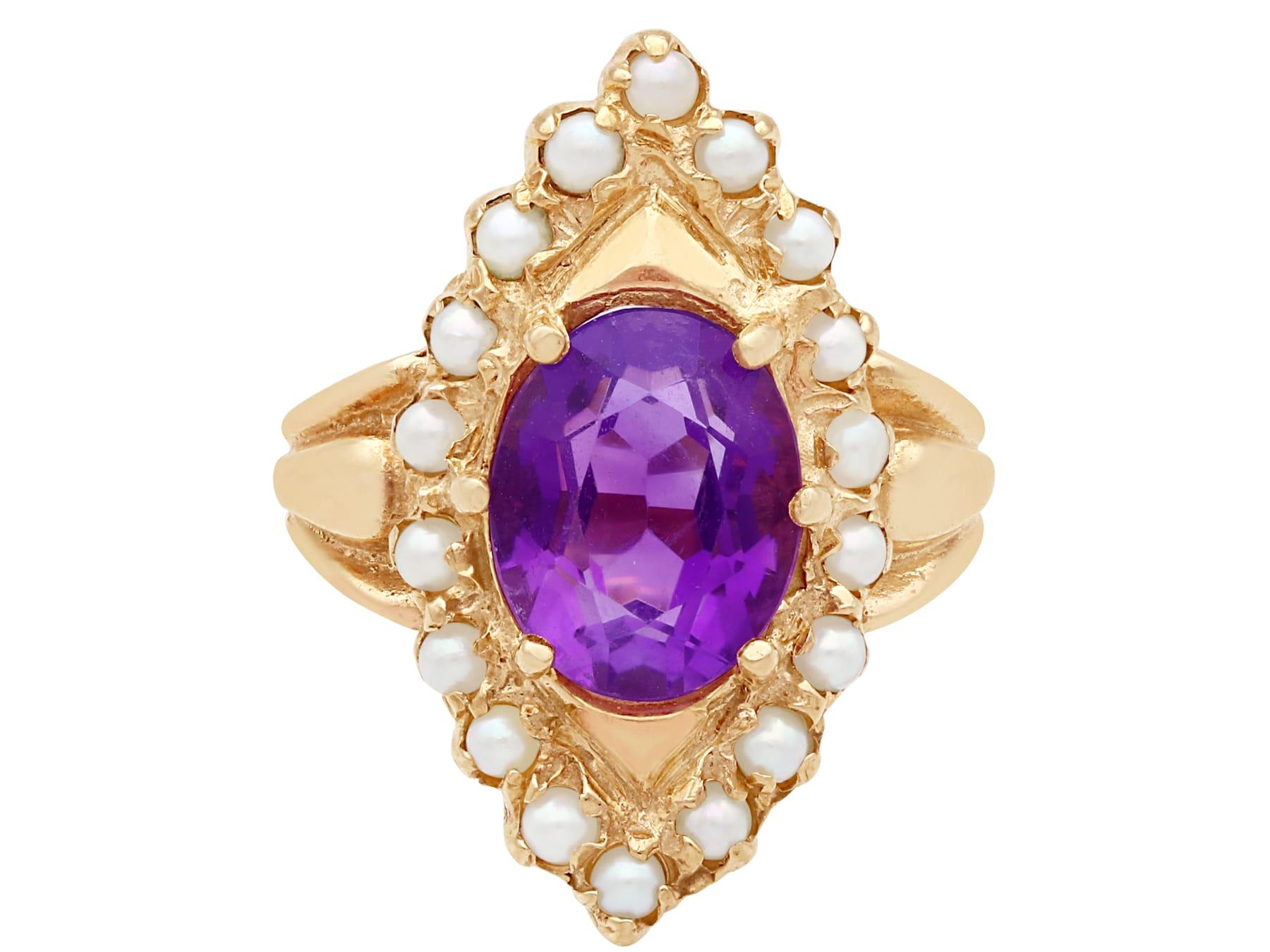 Women's 1970s, 2.51 Carat Amethyst and Seed Pearl Yellow Gold Cocktail Ring For Sale