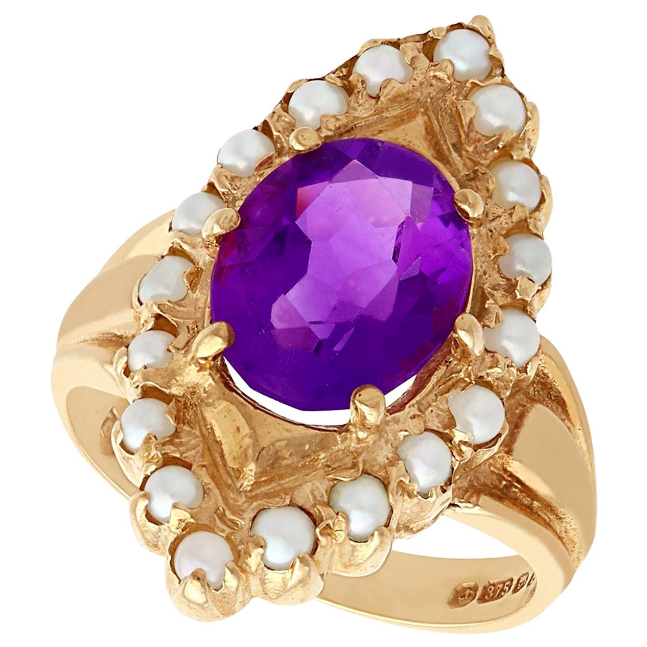 1970s 2.51 Carat Amethyst and Seed Pearl Yellow Gold Cocktail Ring