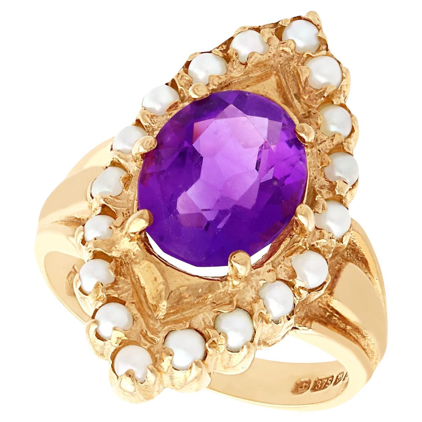 1970s, 2.51 Carat Amethyst and Seed Pearl Yellow Gold Cocktail Ring