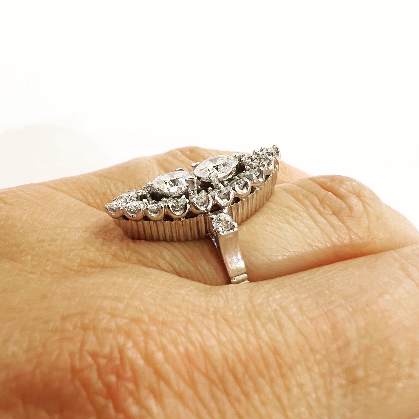 Women's or Men's 1970s, 2.9 carat Diamond Platinum Marquise Engagement Cocktail Ring For Sale