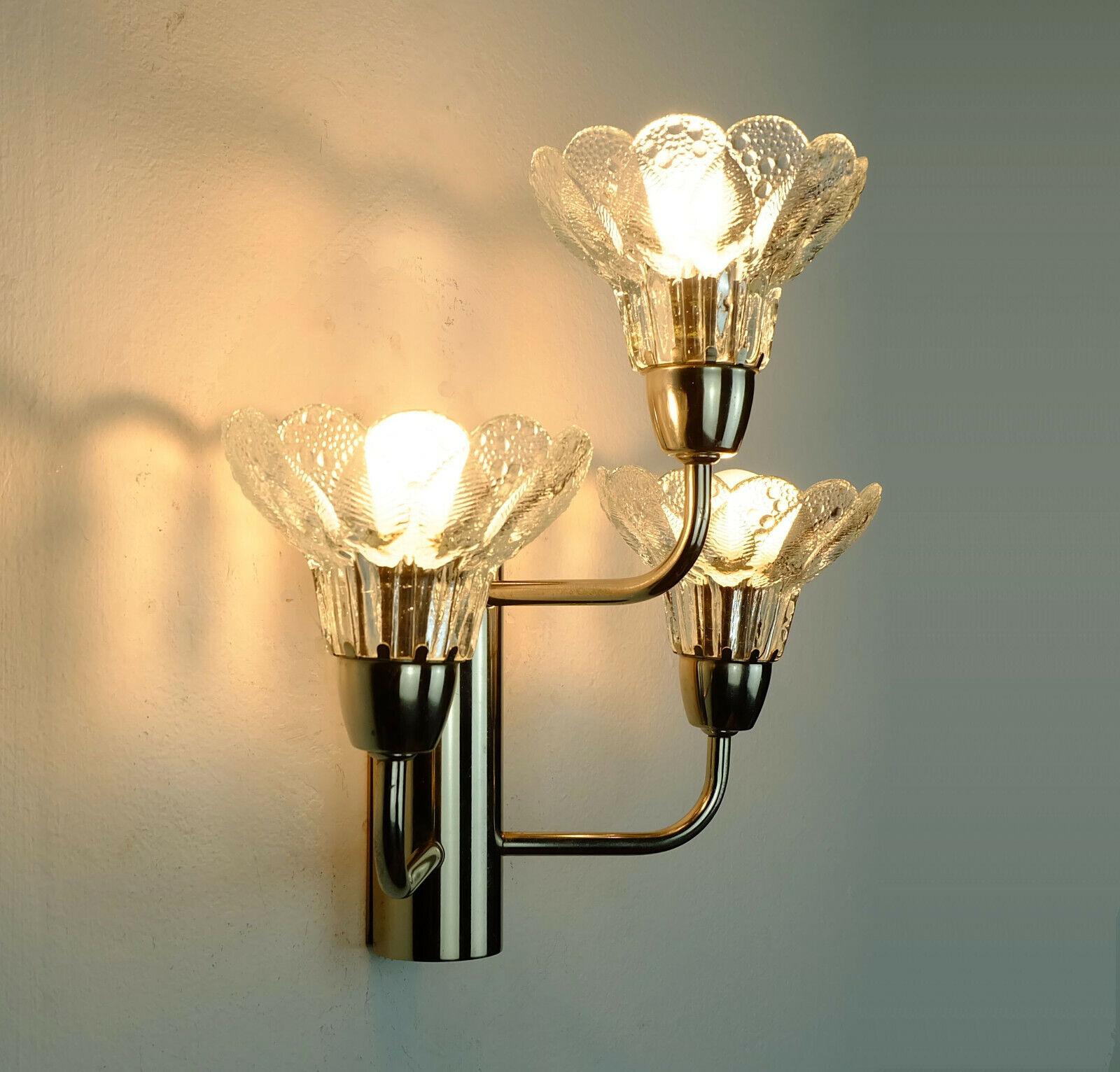 Late 20th Century 1970s 3-Light Sconce Wall Lamp Glass Blossom Shades and Chrome For Sale