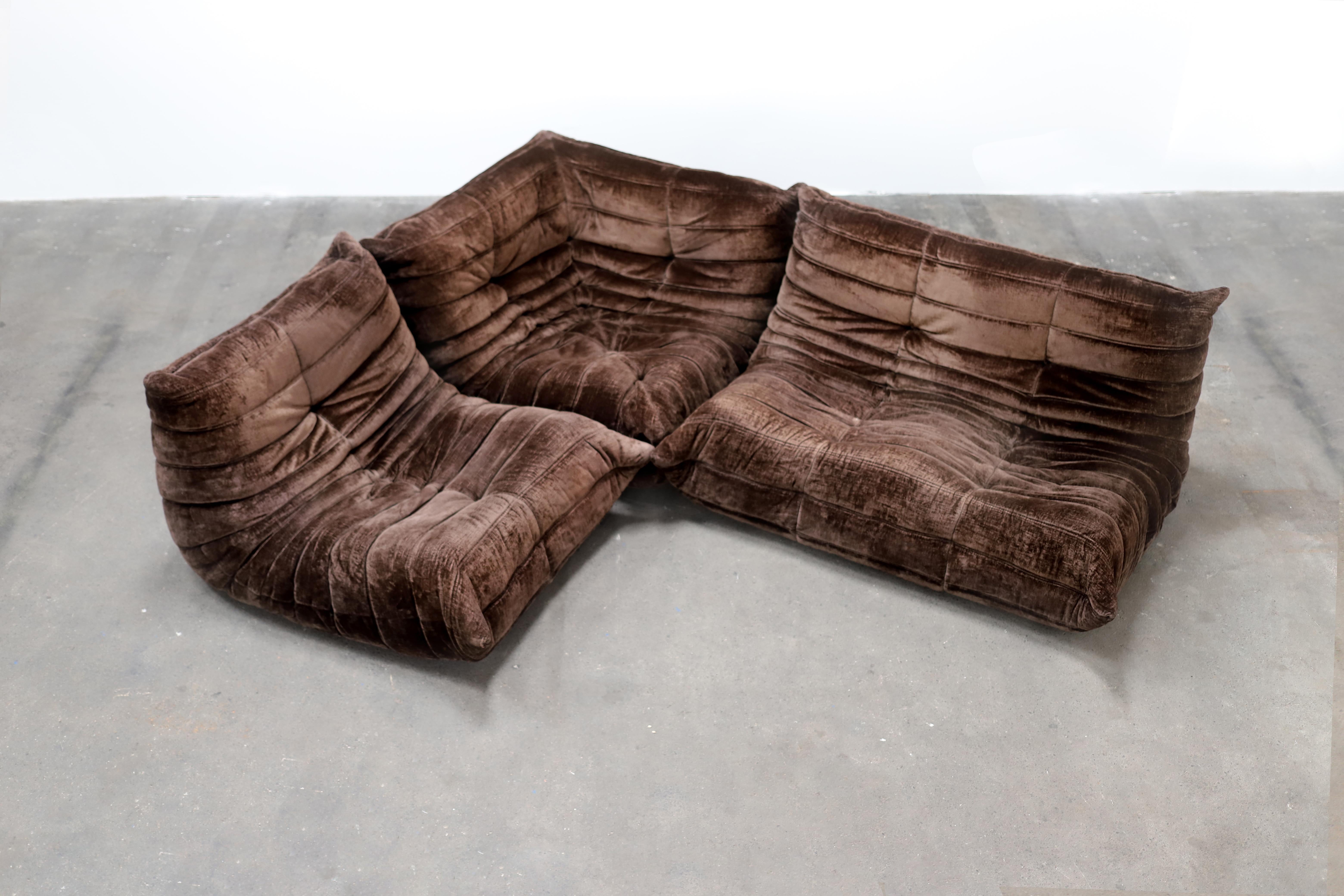 Mid-Century Modern 1970s 3-Piece Togo Sofa Set by Ducaroy for Ligne Roset, Chocolate Velvet, France