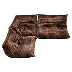 1970s 3-Piece Togo Sofa Set by Ducaroy for Ligne Roset, Chocolate Velvet, France