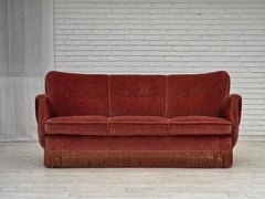 1970s, 3-seater Danish curved sofa, pink furniture velour.