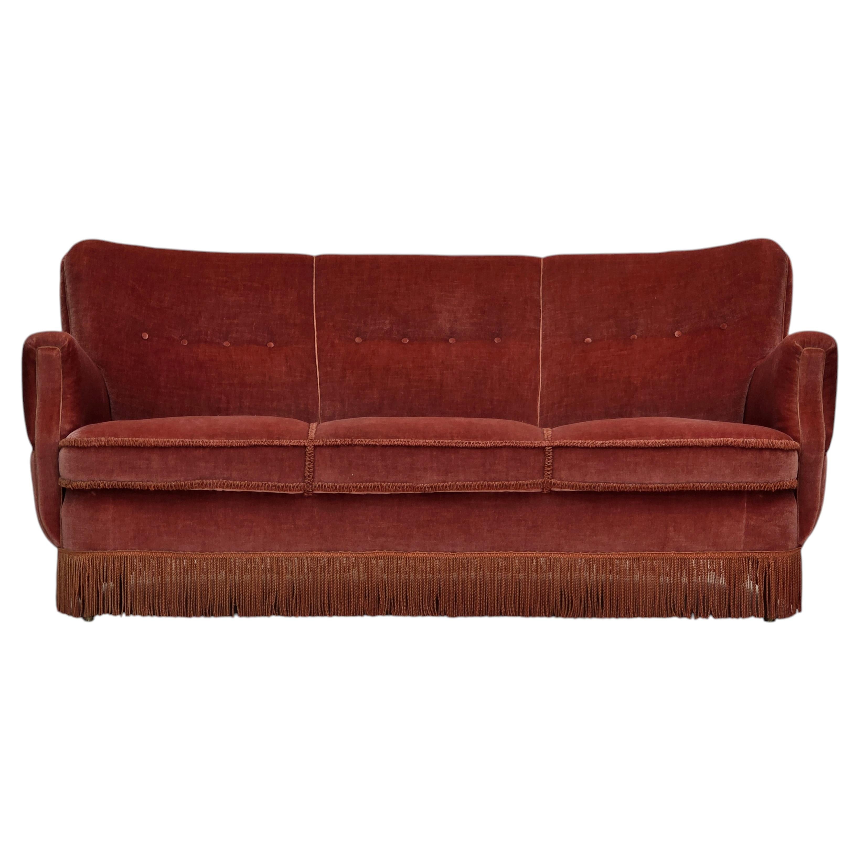 1970s, 3-seater Danish curved sofa, pink furniture velour. For Sale