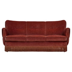 1970s, 3-seater Danish curved sofa, pink furniture velour.