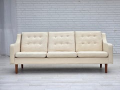 1970s, 3-seater Danish sofa, beige/white furniture wool, teak wood legs.