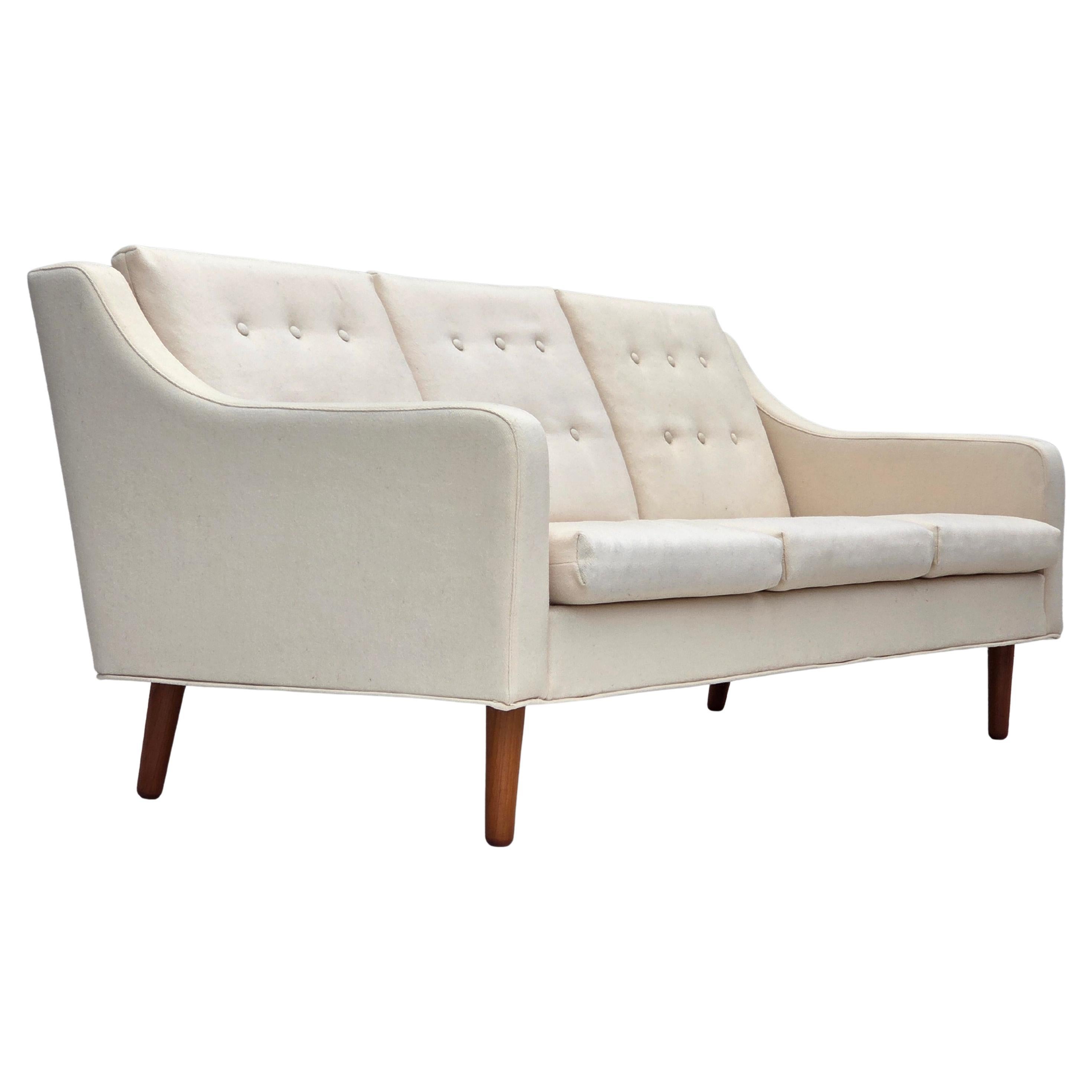 1970s, 3-seater Danish sofa, beige/white furniture wool, teak wood legs.