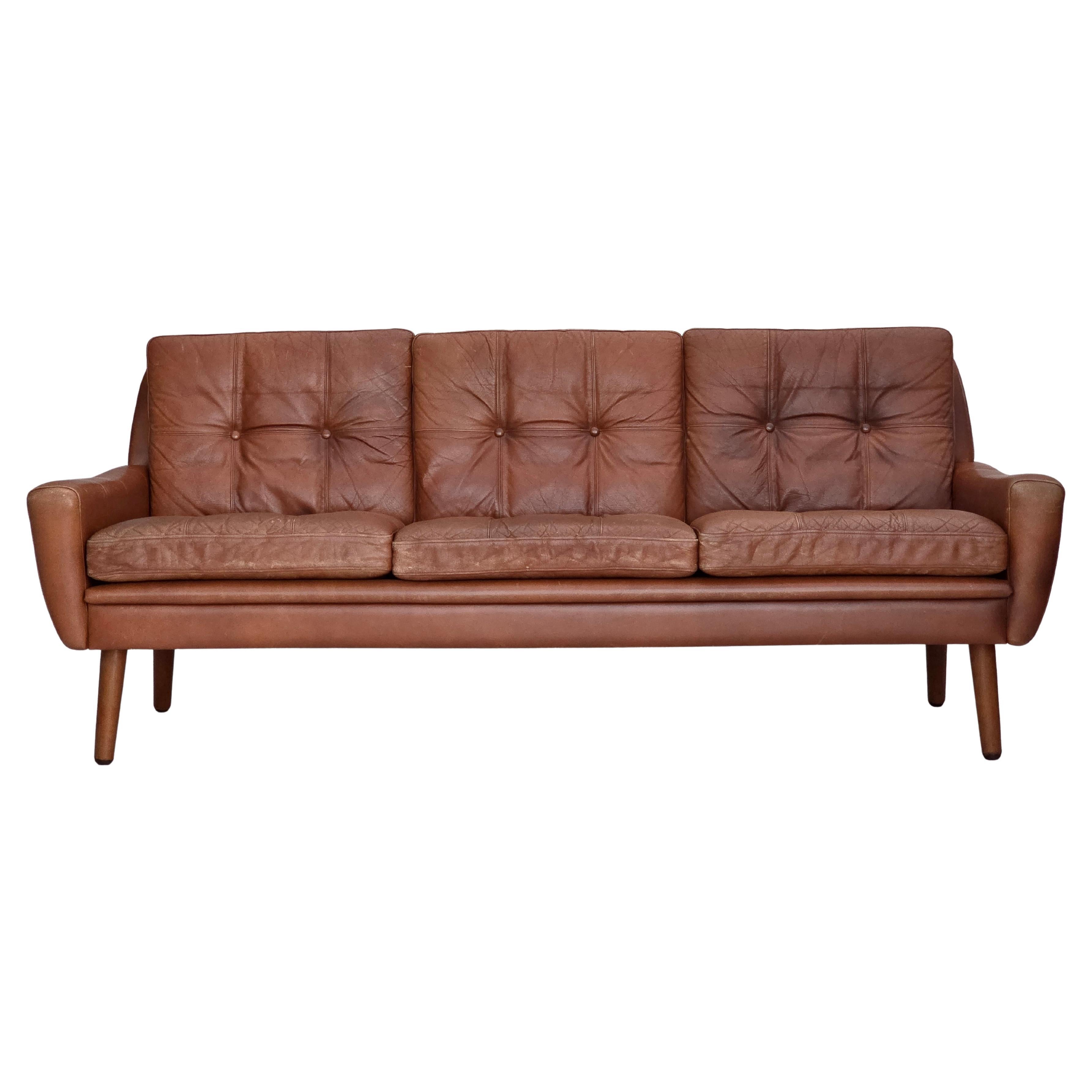 1970s, 3-seater Danish sofa, brown furniture leather with patina.