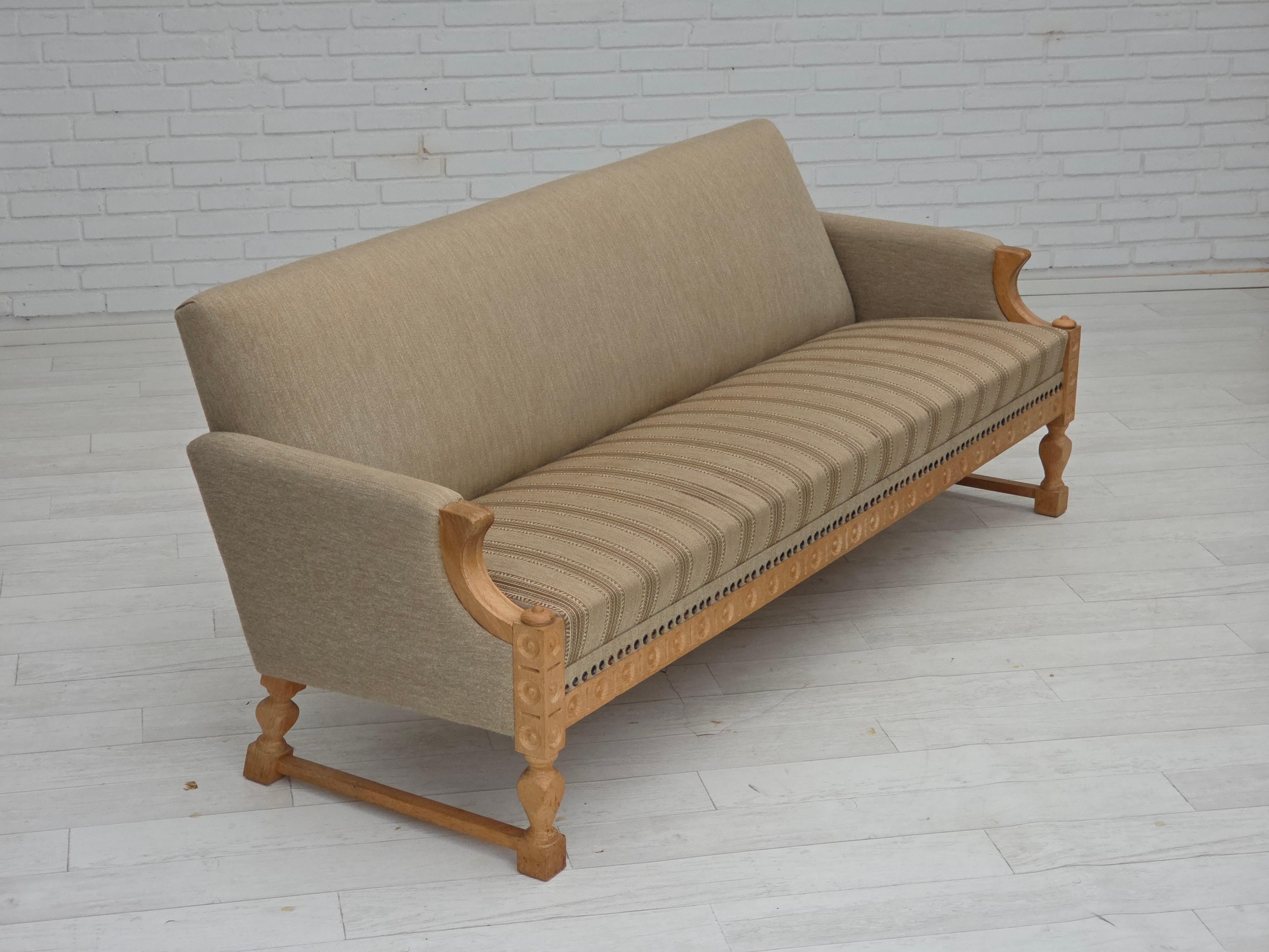 Scandinavian Modern 1970s, 3-seater Danish sofa, original beige furniture wool, solid oak wood. For Sale