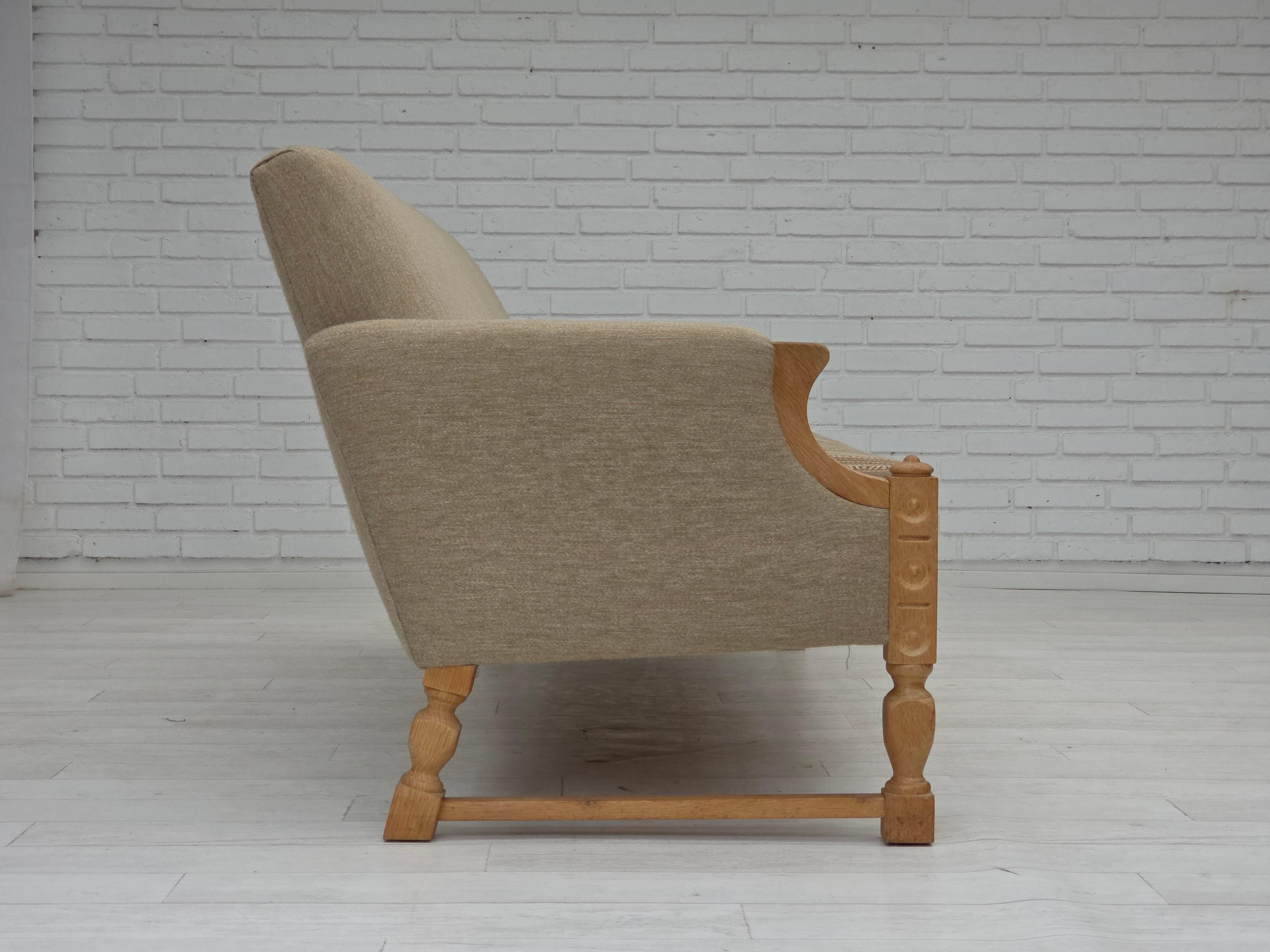 Late 20th Century 1970s, 3-seater Danish sofa, original beige furniture wool, solid oak wood. For Sale