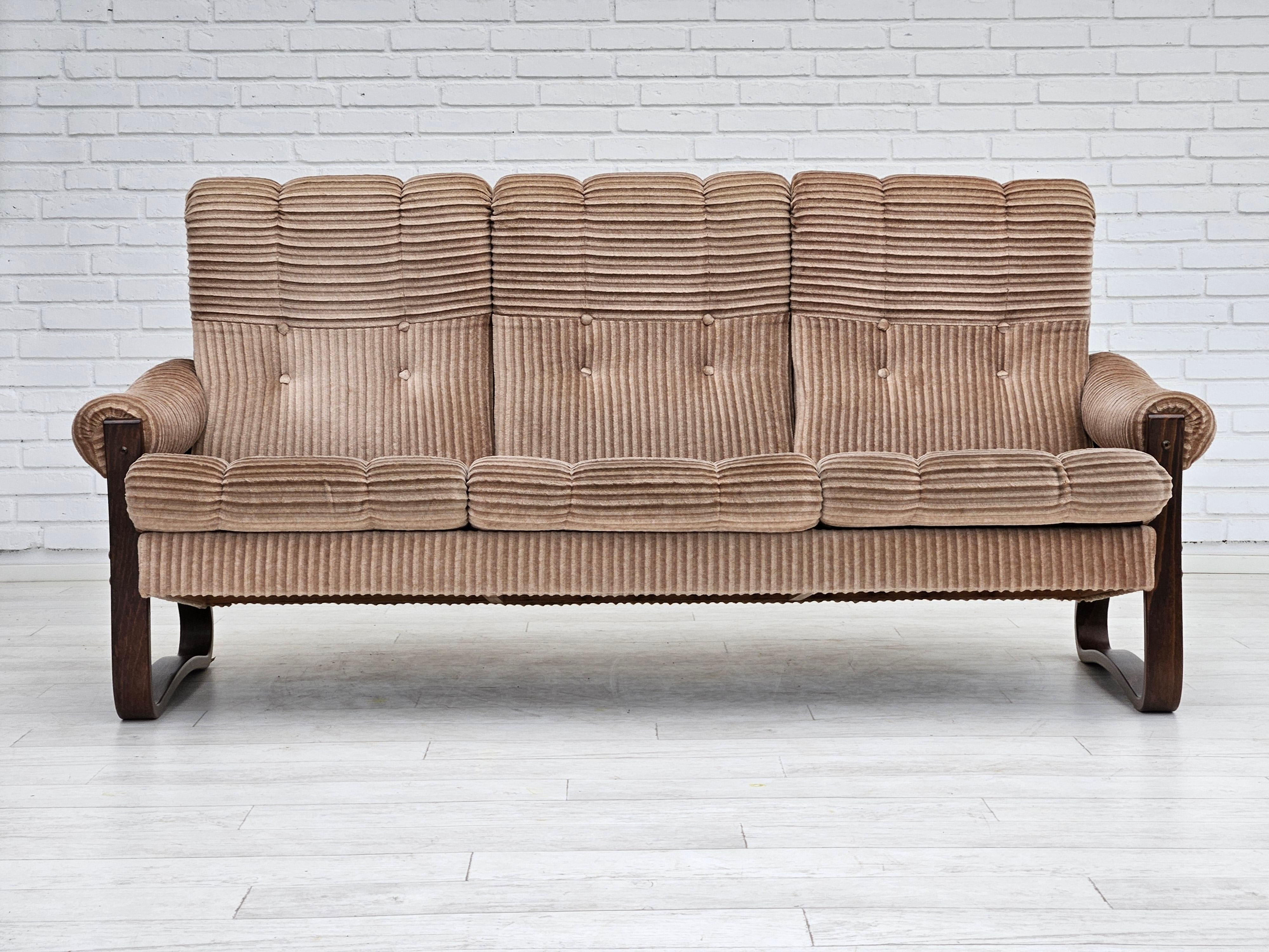 1970s, Danish 3 seater sofa in original very good condition: no smells, no stains. Light brown corduroy, bent wood. Manufactured by Danish furniture manufacturer in about 1970s.