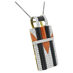 1970s 3.50ct Diamond Onyx Coral 18k Yellow and White Gold Pin/Pendant