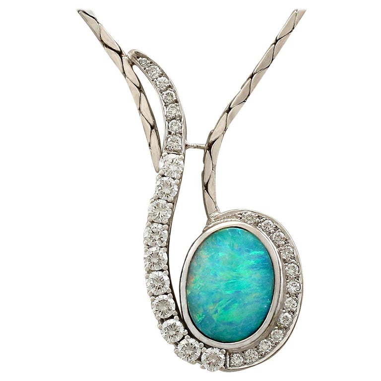 1970s 3.84 Carat Opal and 1.86 Carat Diamond White Gold Necklace For ...