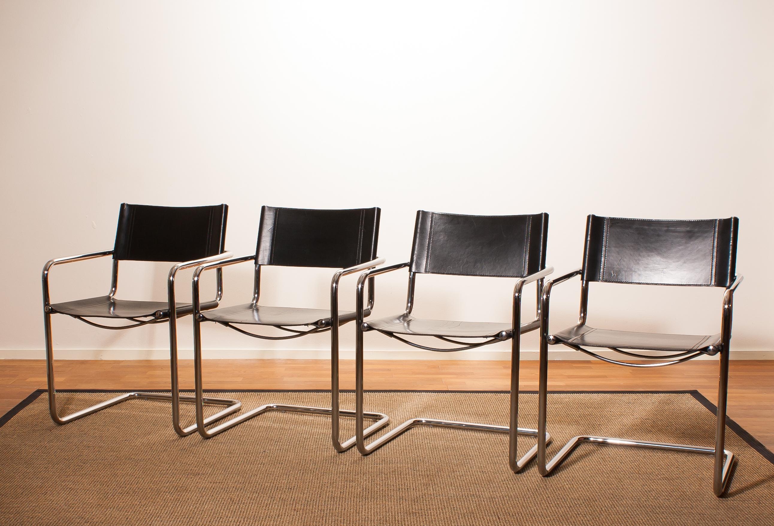 Italian 1970s, 4 Tubular Steel and Sturdy Black Leather Dining Chairs by Matteo Grassi