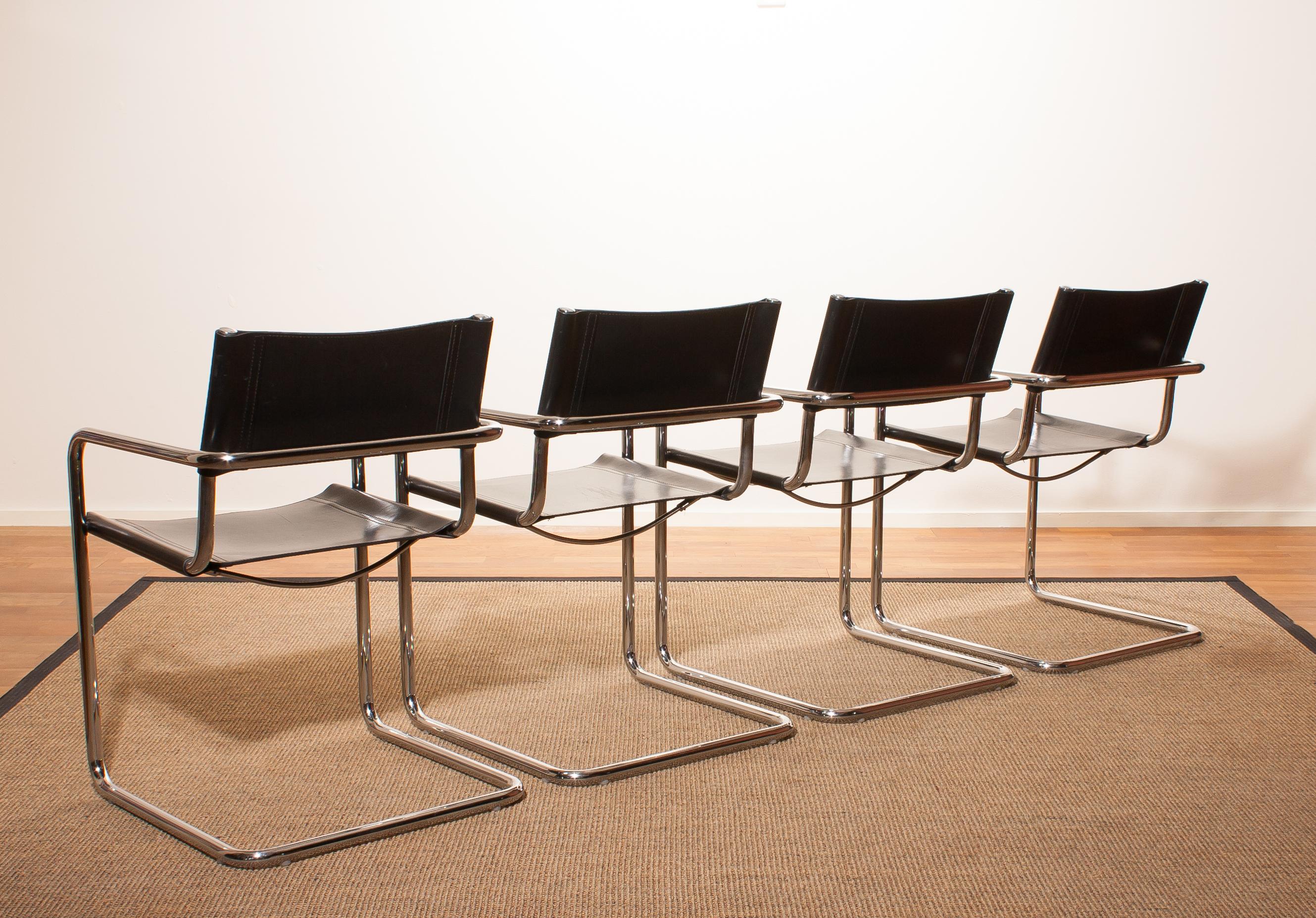 Late 20th Century 1970s, 4 Tubular Steel and Sturdy Black Leather Dining Chairs by Matteo Grassi