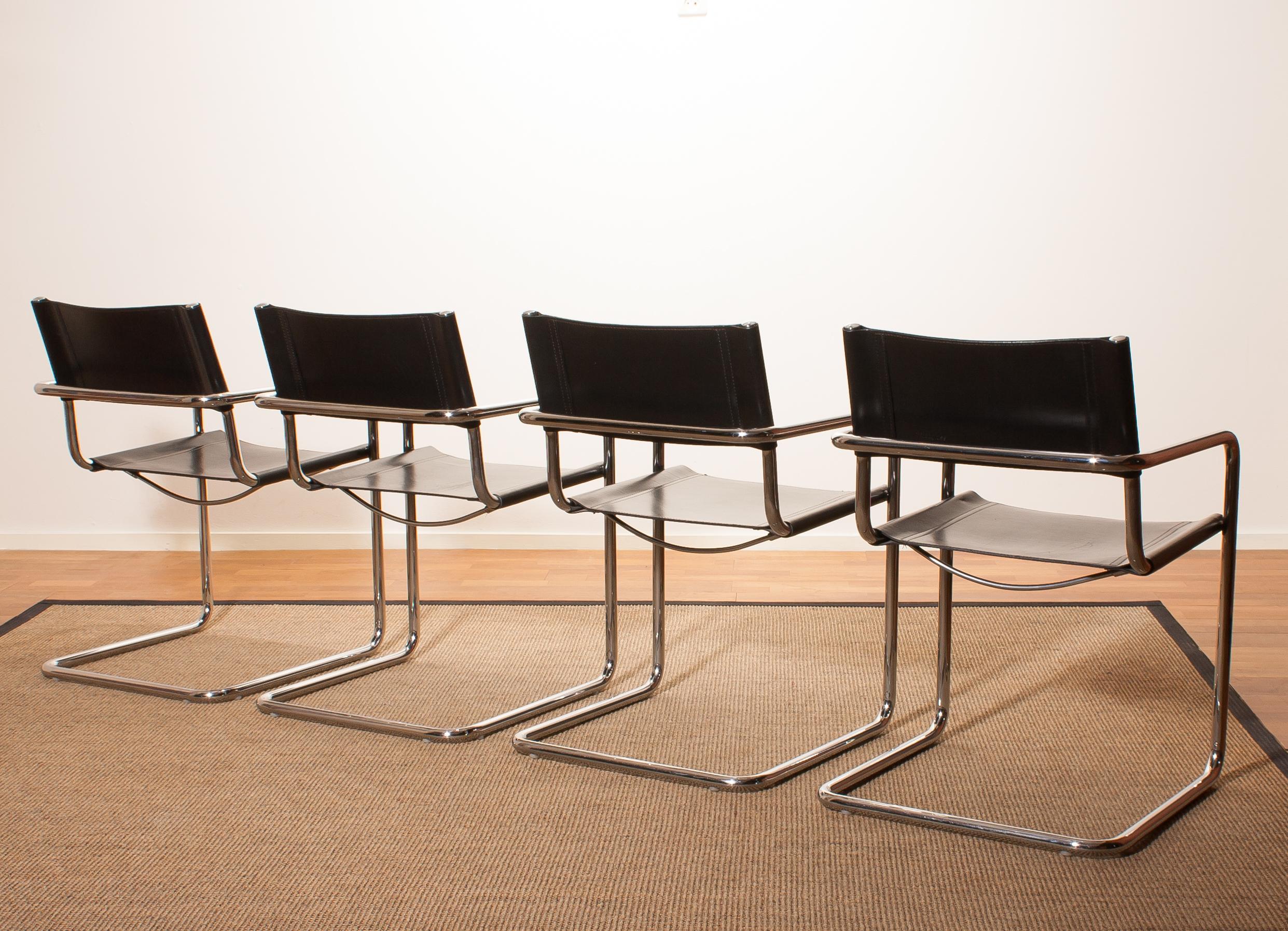 1970s, 4 Tubular Steel and Sturdy Black Leather Dining Chairs by Matteo Grassi 1
