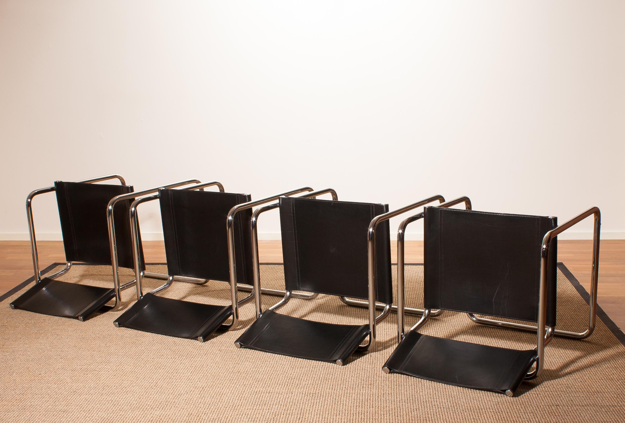 1970s, 4 Tubular Steel and Sturdy Black Leather Dining Chairs by Matteo Grassi 2