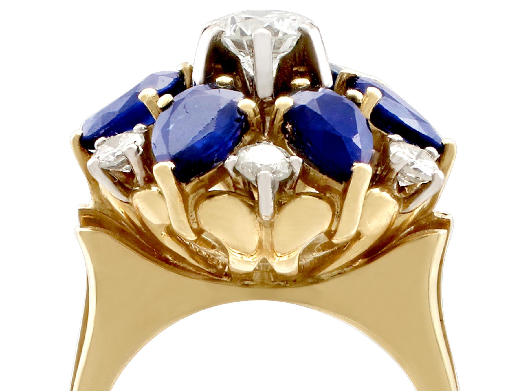 A stunning, fine and impressive 4.45 carat natural blue sapphire and 1.15 carat diamond, 18 karat yellow gold and 18 karat white set dress ring; part of our vintage jewelry and estate jewelry collections

This stunning, fine and impressive, vintage