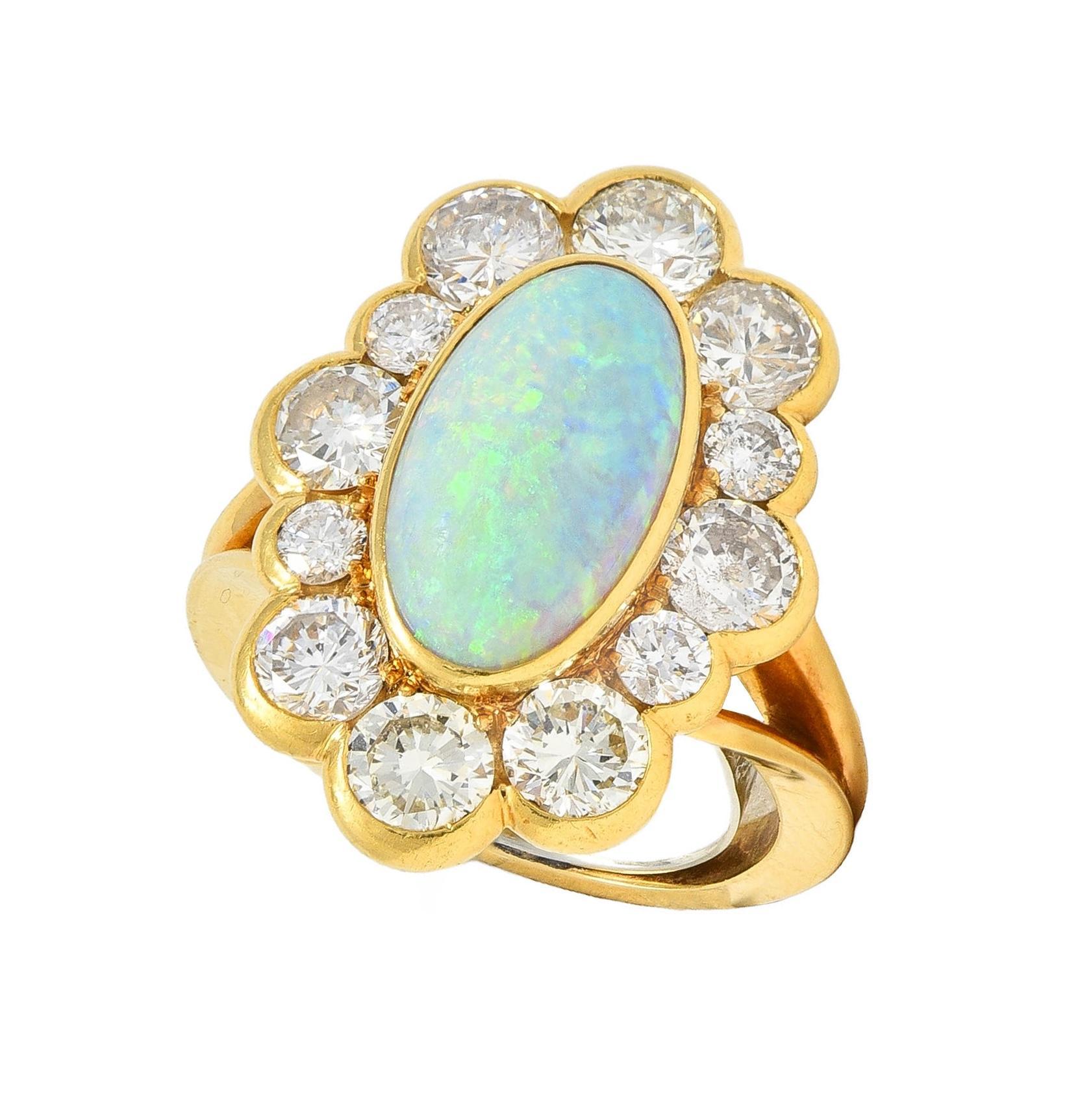 1970's 4.50 CTW Opal Diamond 18 Karat Yellow Gold Vintage Cluster Ring 6