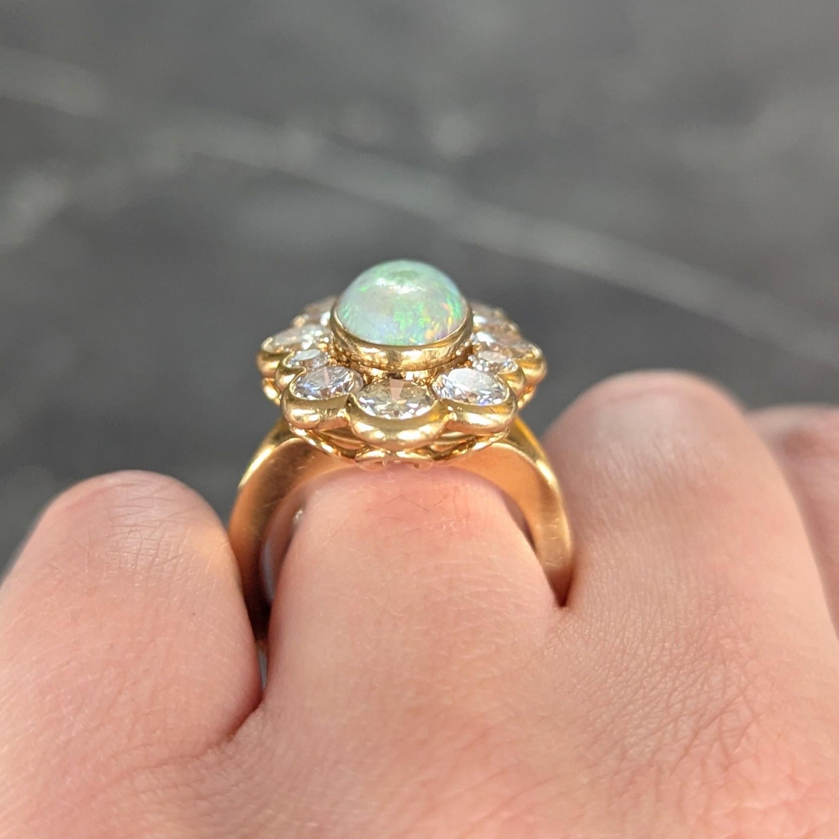 1970's 4.50 CTW Opal Diamond 18 Karat Yellow Gold Vintage Cluster Ring 7