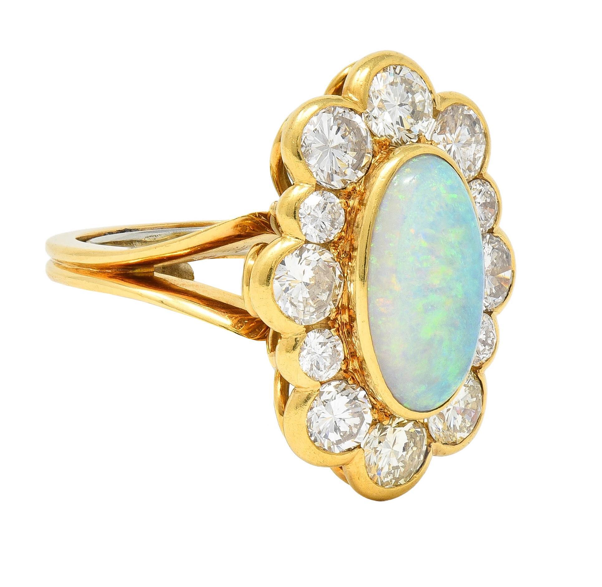 Cabochon 1970's 4.50 CTW Opal Diamond 18 Karat Yellow Gold Vintage Cluster Ring