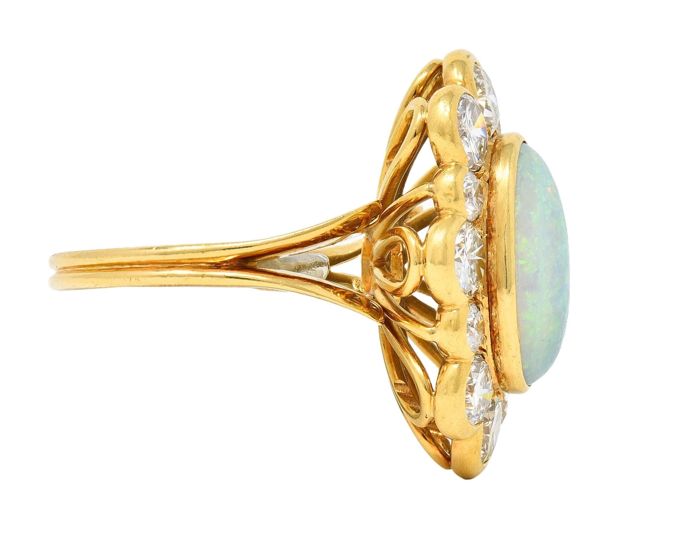 1970's 4.50 CTW Opal Diamond 18 Karat Yellow Gold Vintage Cluster Ring In Excellent Condition In Philadelphia, PA