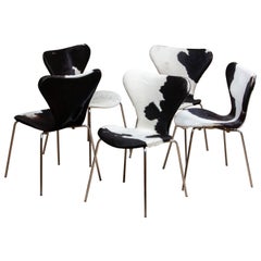 1970s, 5 Cowhide Fur Dining Chairs by Arne Jacobsen & Fritz Hansen Model 3107