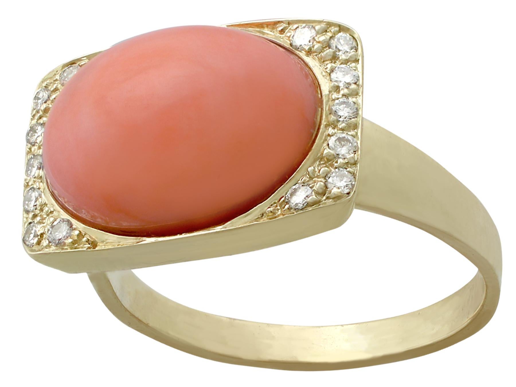 Women's or Men's 1970s 5.27 Carat Pink Coral and Diamond Yellow Gold Cocktail Ring