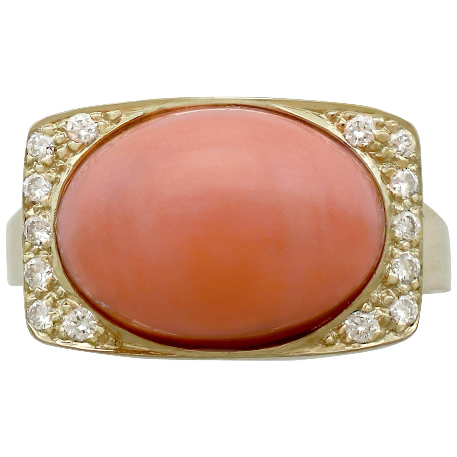 1970s 5.27 Carat Pink Coral and Diamond Yellow Gold Cocktail Ring