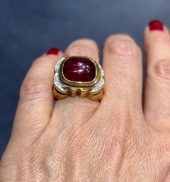 1970's 6 Carat Tourmaline and Diamond, 18k Gold Cocktail Ring. Circa 1970s
