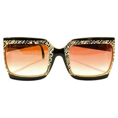 1980s Christian Dior Collector Oversized Sunglasses Black Gold Checkerboard