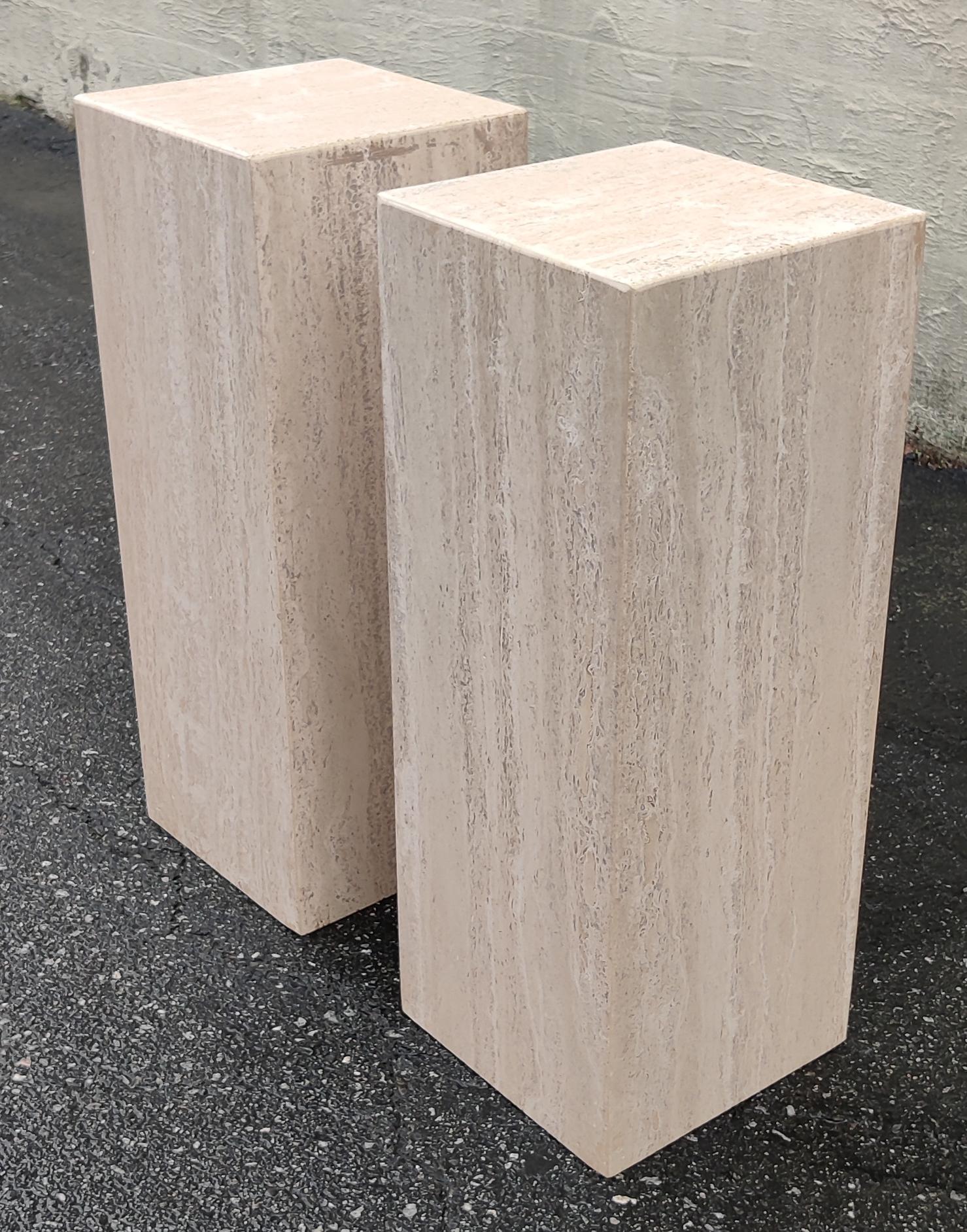 Late 20th Century 1970s, 80s, Italian Travertine Marble Pair Pedestals End Tables Post-Modern Era