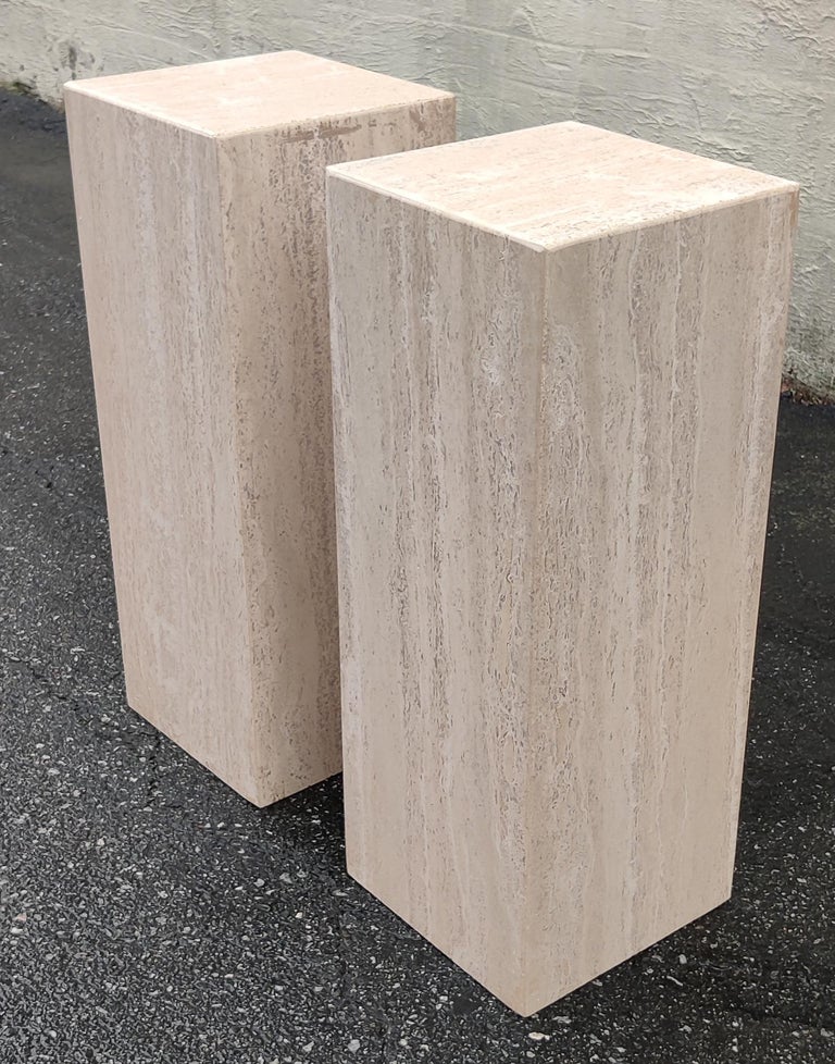 1970s, 80s, Italian Travertine Marble Pair Pedestals End Tables Post