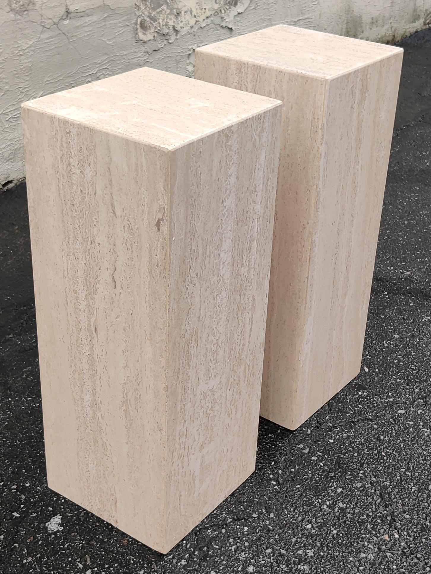 1970s, 80s, Italian Travertine Marble Pair Pedestals End Tables Post-Modern Era 1