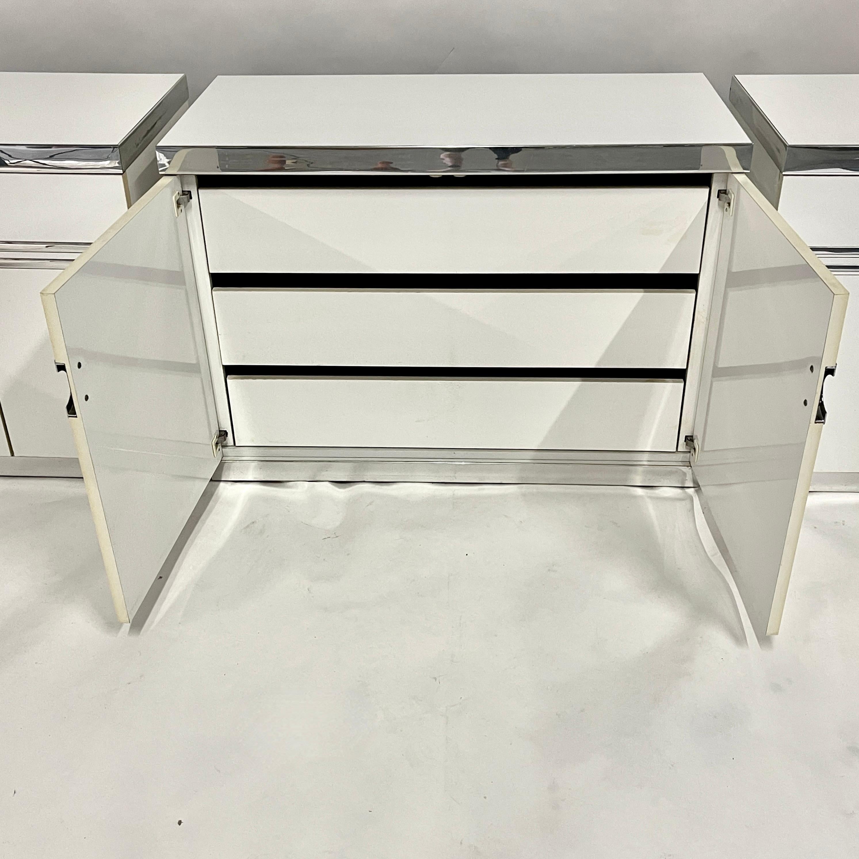 American 1970s/80s Postmodern Deco Themed Pierre Cardin 3 Part Credenza in White & Chrome For Sale