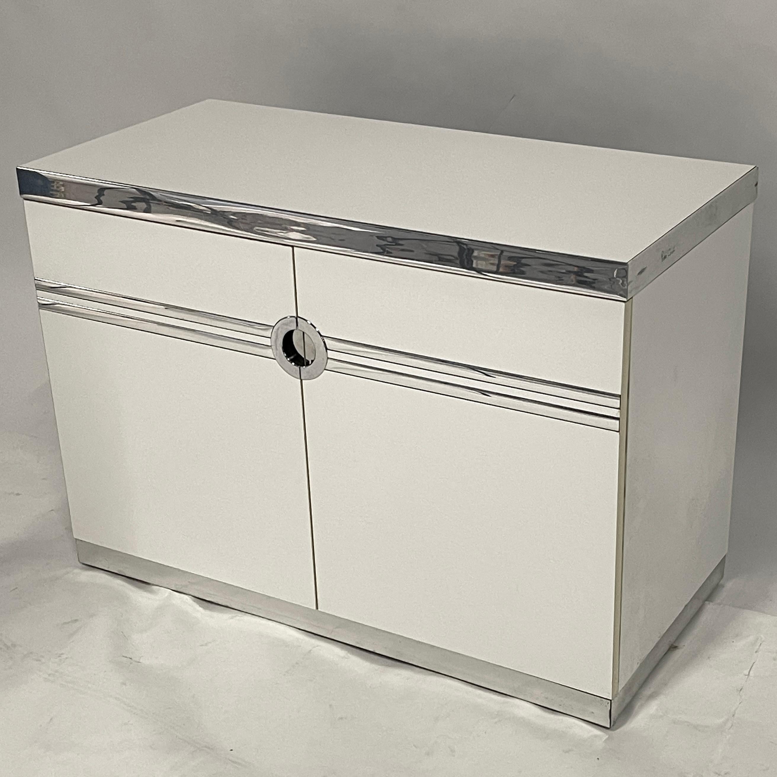 20th Century 1970s/80s Postmodern Deco Themed Pierre Cardin 3 Part Credenza in White & Chrome For Sale