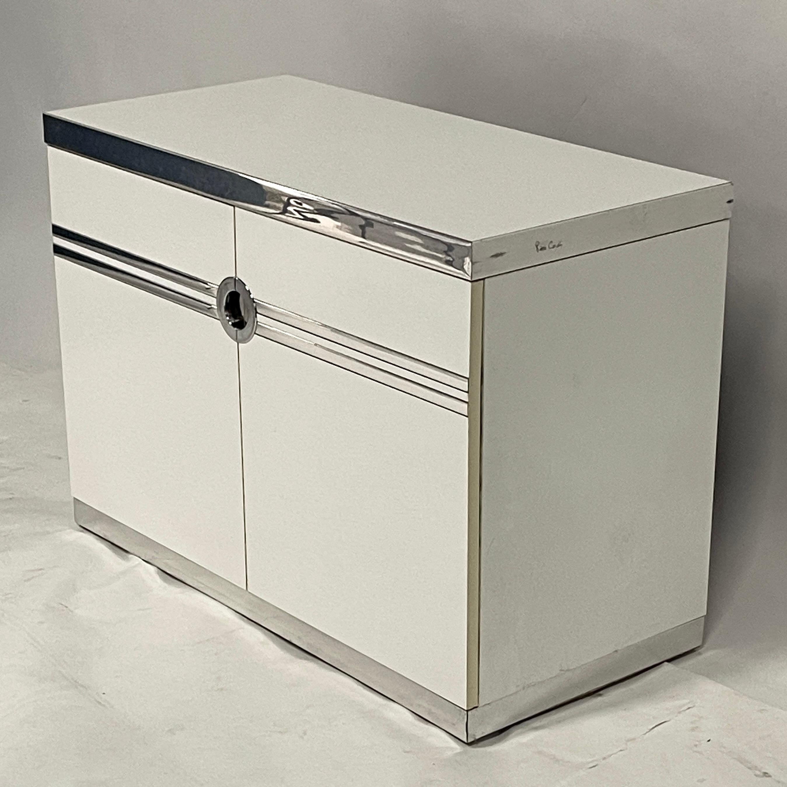 1970s/80s Postmodern Deco Themed Pierre Cardin 3 Part Credenza in White & Chrome For Sale 2
