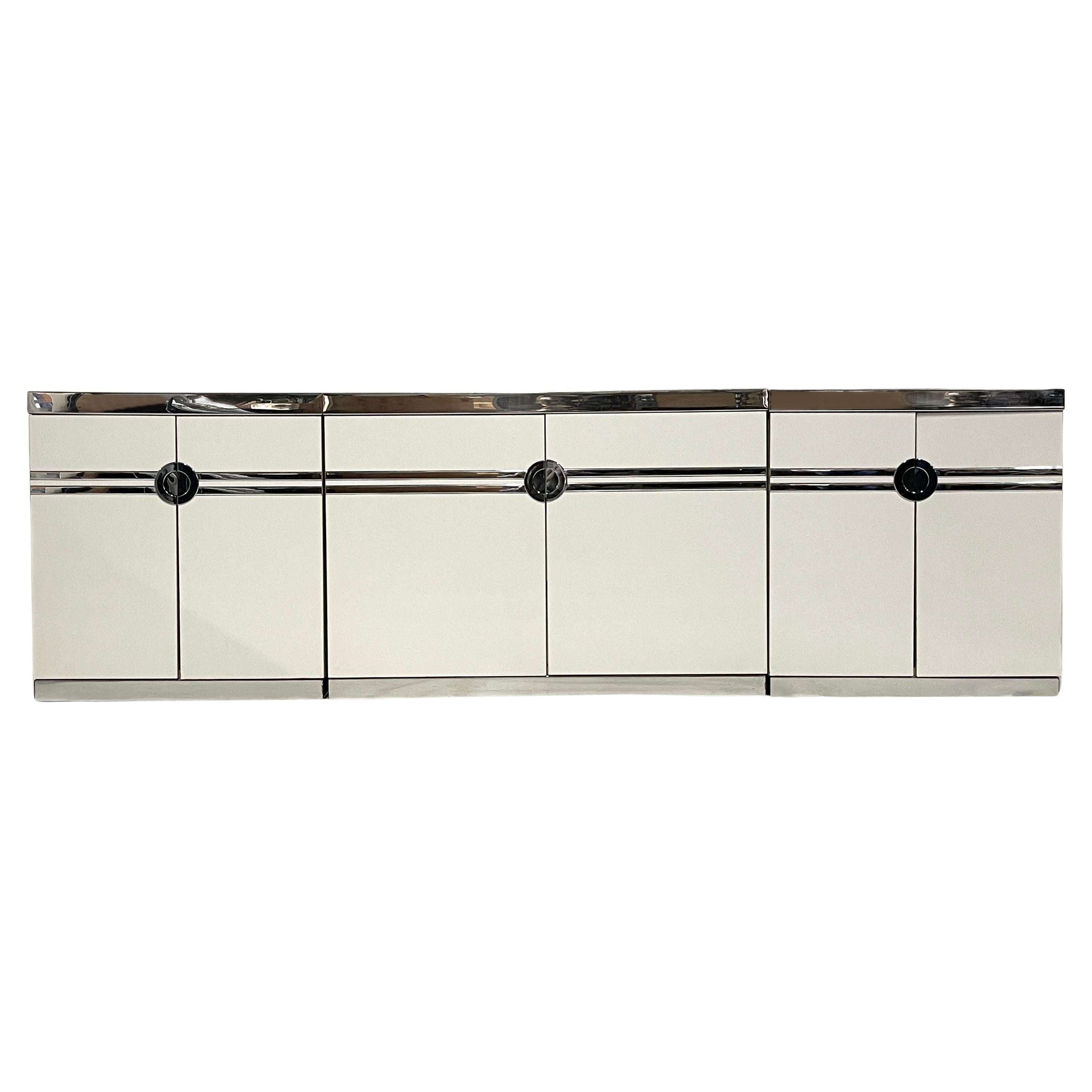 Crédence en 3 parties des années 1970/80 à thème postmoderne et déco Pierre Cardin en blanc et chrome
