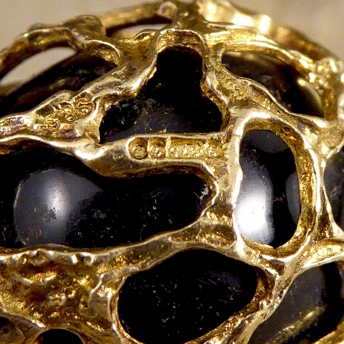 Oval Cut 1970s 9 Carat Yellow Gold Caged Tigers Eye Egg Pendant