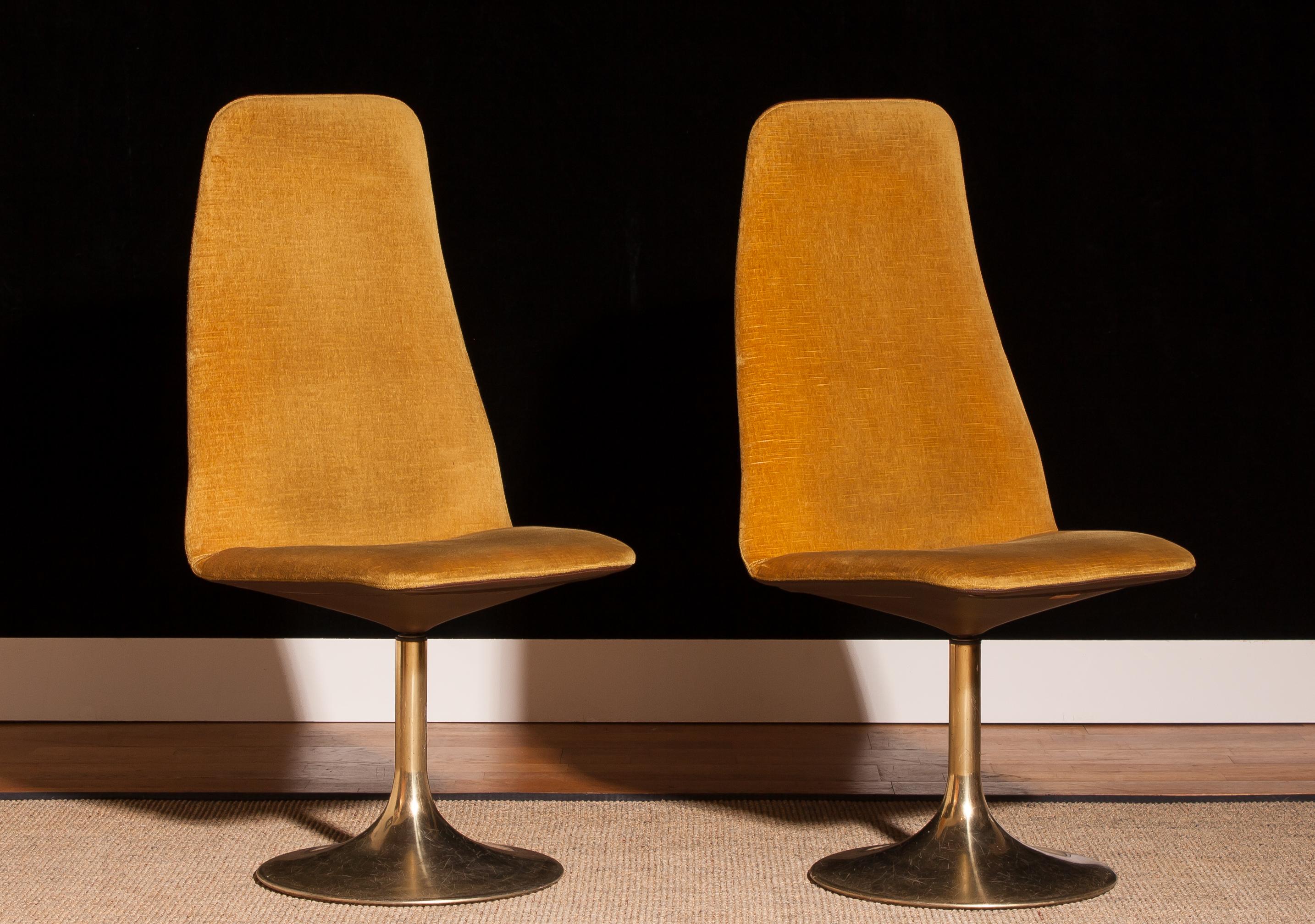 Swedish 1970s, a Pair of Gold Velours and Brass Swivel Chairs by Johanson Design