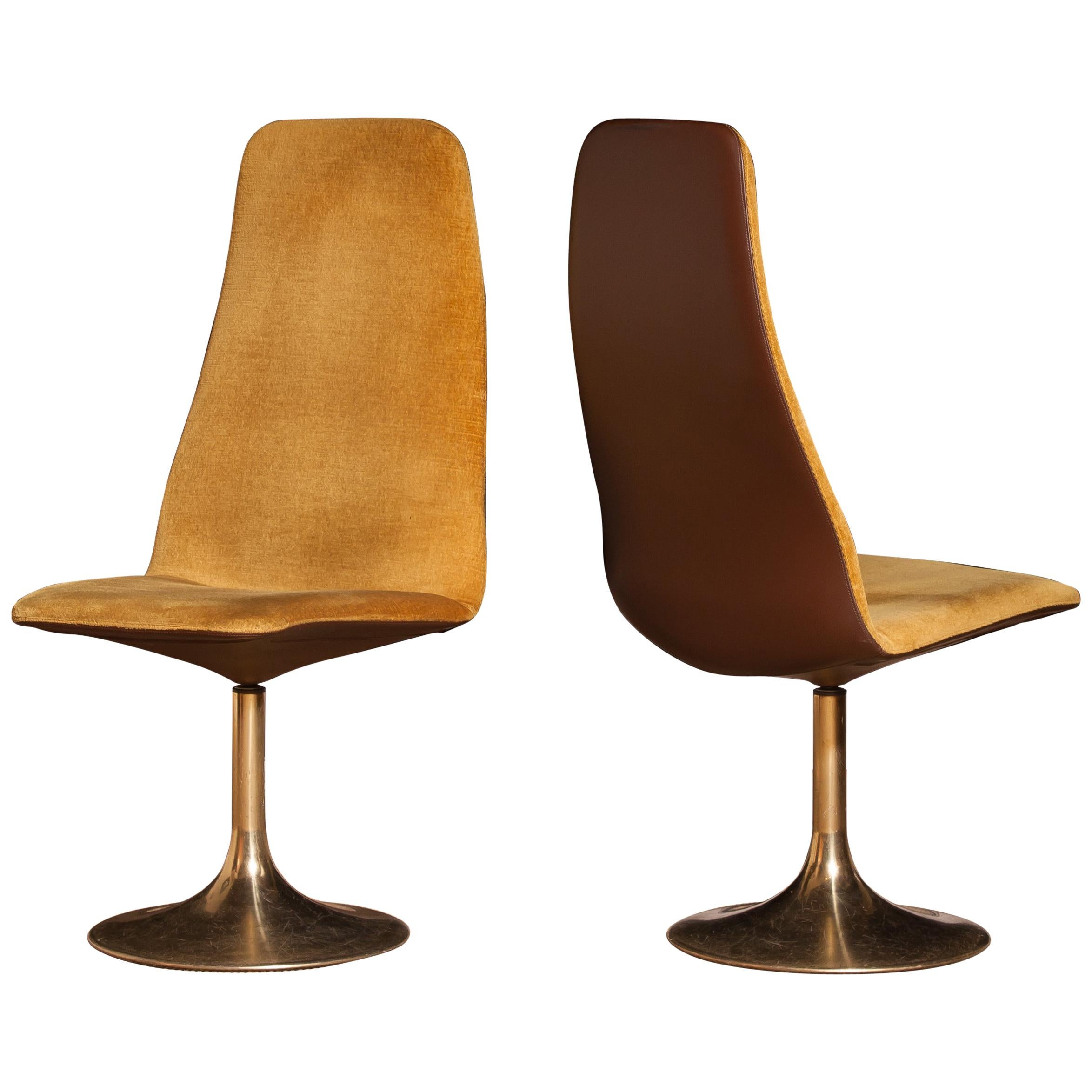 Swedish 1970s, a Pair of Gold Velours and Brass Swivel Chairs by Johanson Design