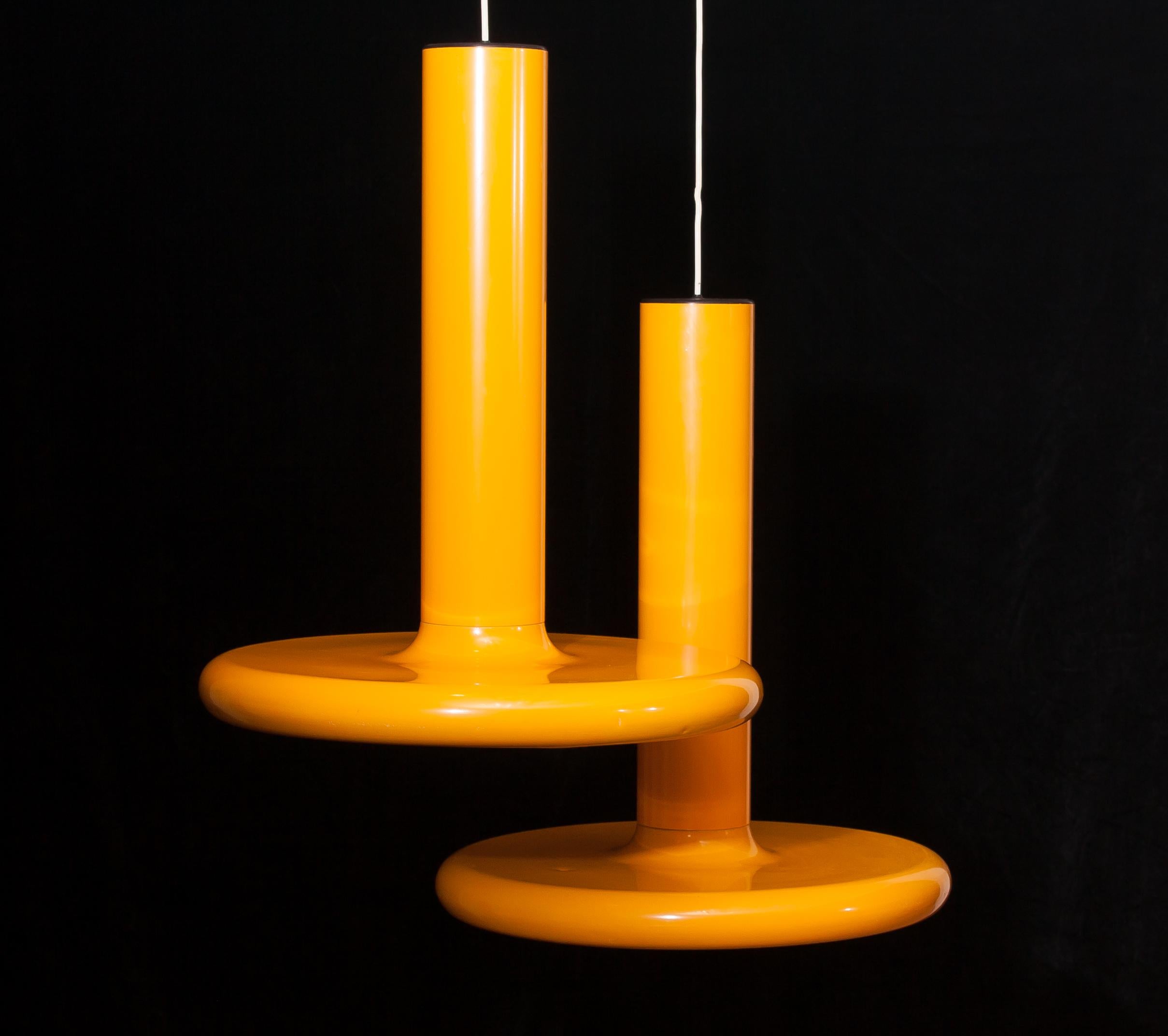 Lacquered 1970s, a Pair of Large Metal Yellow Pendants