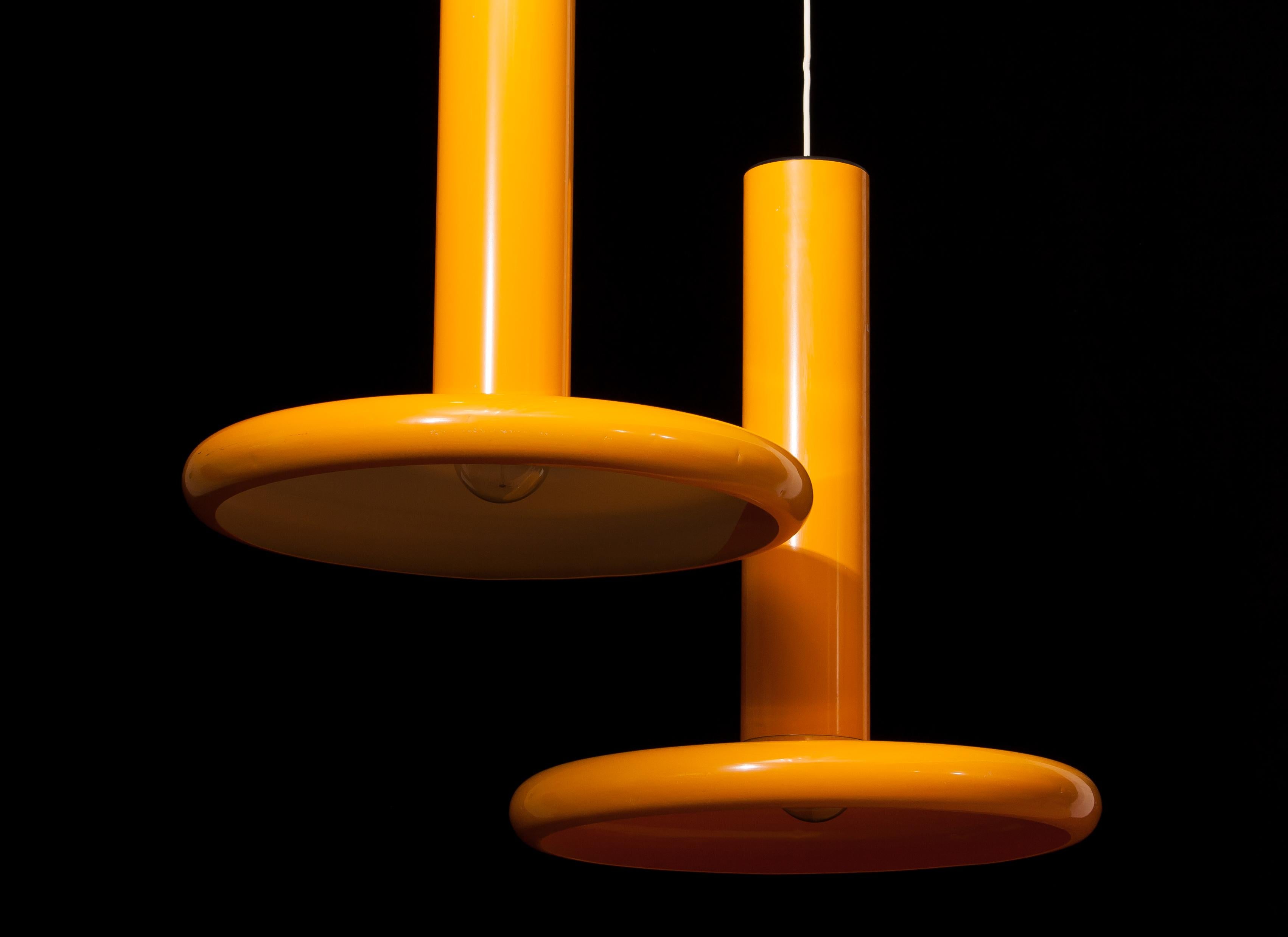 Late 20th Century 1970s, a Pair of Large Metal Yellow Pendants