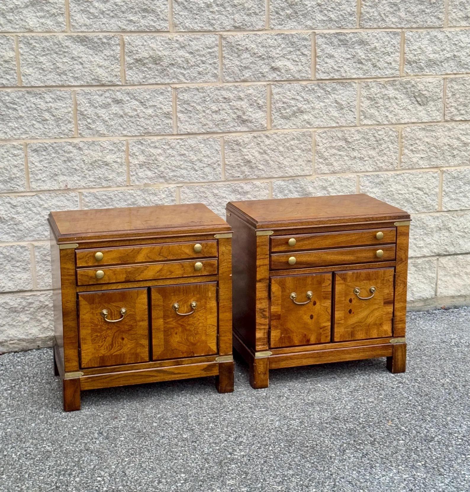Mid-Century Modern 1970s A Pair of Mid Century Burl Wood Nightstands by Lane